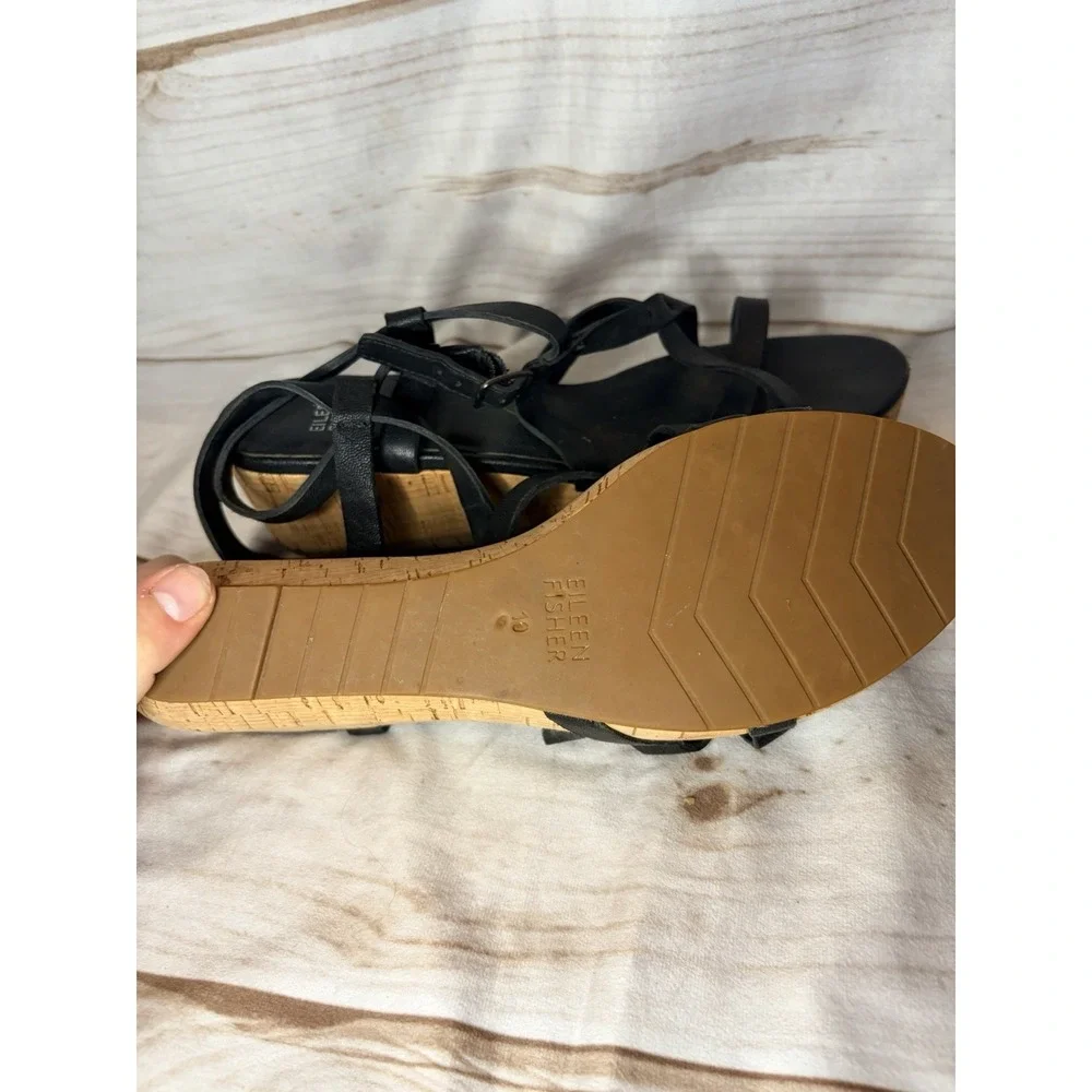Eileen Fisher Black Leather Strappy Cork Wedge Sandals Size 10 Gladiator